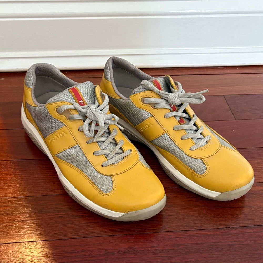 Prada America's Cup low-top sneakers in a yellow and grey color-way. Mens Size 8